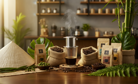 Create a image that highlights products from around the globe specifically southeast asia.  And emphazise the Vietnamese coffee with a phin dripping over a glass and a cone hat.  This is going to be the homepage banner for M&R Coffee Shop Store